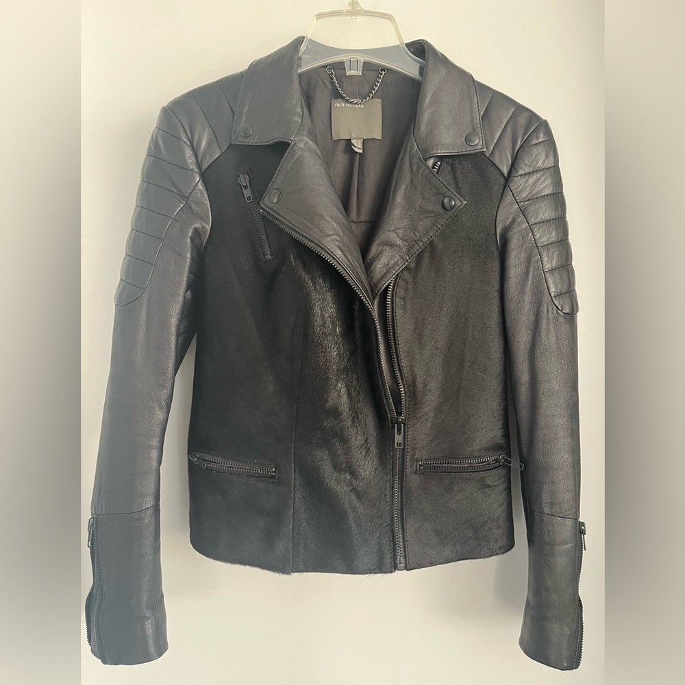 Muuba black leather and horse hair jacket, fitted size 8.